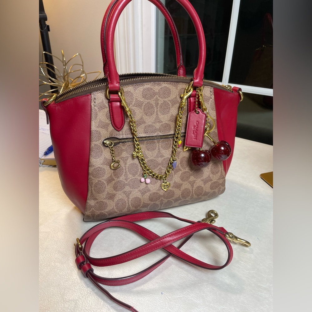 Coach Elise Satchel in Signature Tan Jacquard & Red Apple 🍎 - Picture 15 of 17